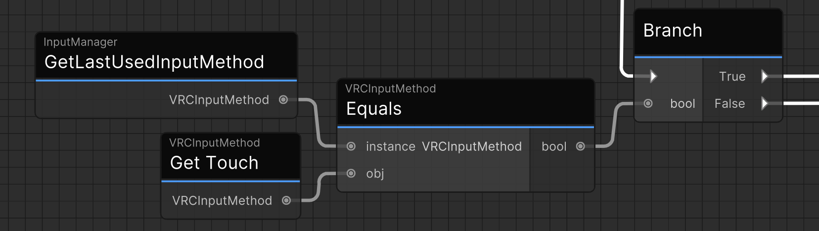 一个 Udon Graph 的截图。GetLastUsedInputMethod 用于根据 inputMethod 参数是否为 Touch 来分支执行。