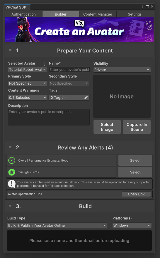 VRChat SDK 构建面板。