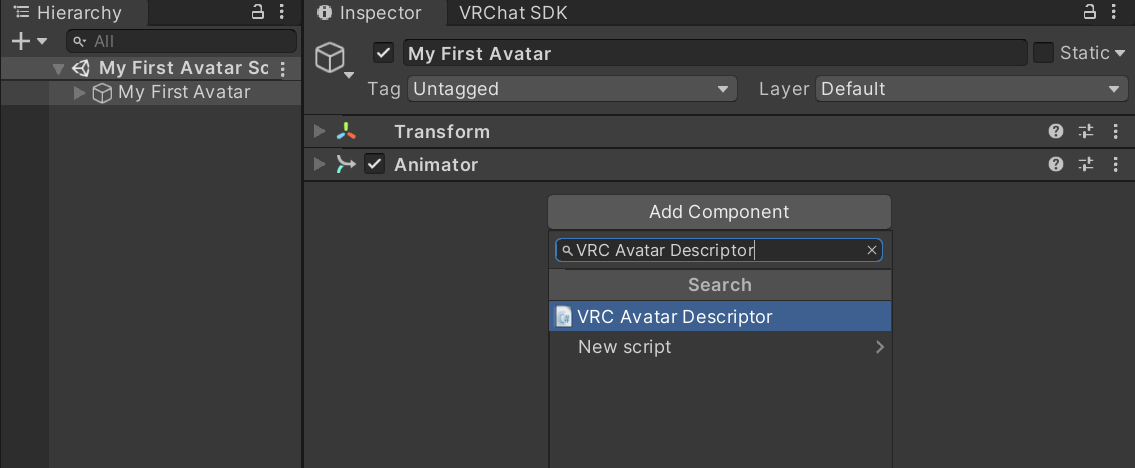 添加 VRC Avatar Descriptor 来开始配置你的虚拟形象。