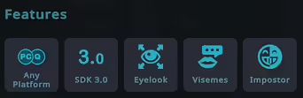 VRChat 中虚拟形象"Features"部分的截图。它显示了"Imposter"图标以及其他功能。