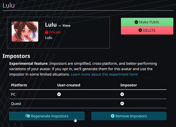 VRChat.com 上虚拟形象页面的截图。它允许虚拟形象创建者（重新）生成 impostors 并查看哪些 impostors 已经生成。你可以查看是否为 PC 和/或 Android 生成了 impostor。你还可以看到 impostor 是否已被虚拟形象创建者自定义。