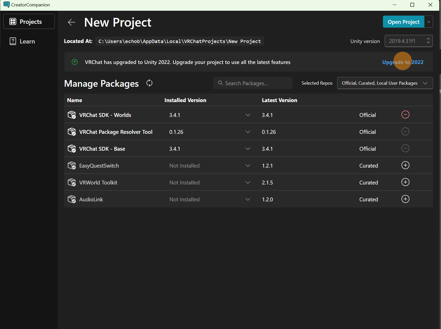 通过 Manage Project 升级