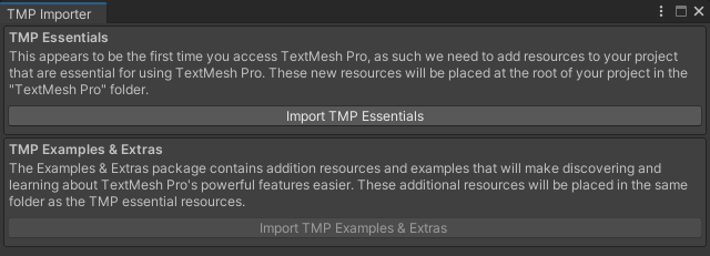 导入必要资源的 TextMesh Pro 提示。