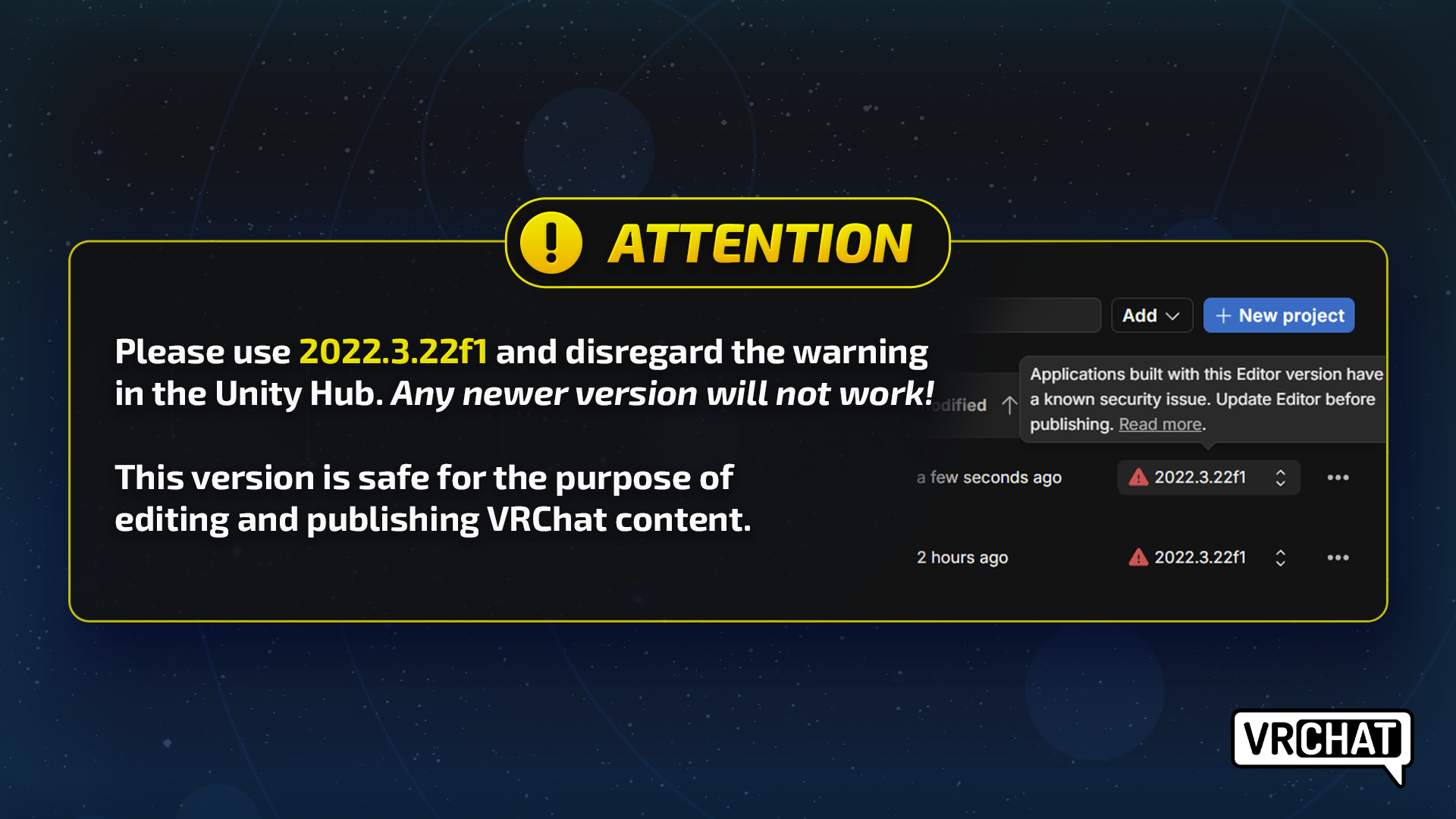 Unity Hub 截图，指示用户为了 VRChat 内容的目的忽略红色警告三角