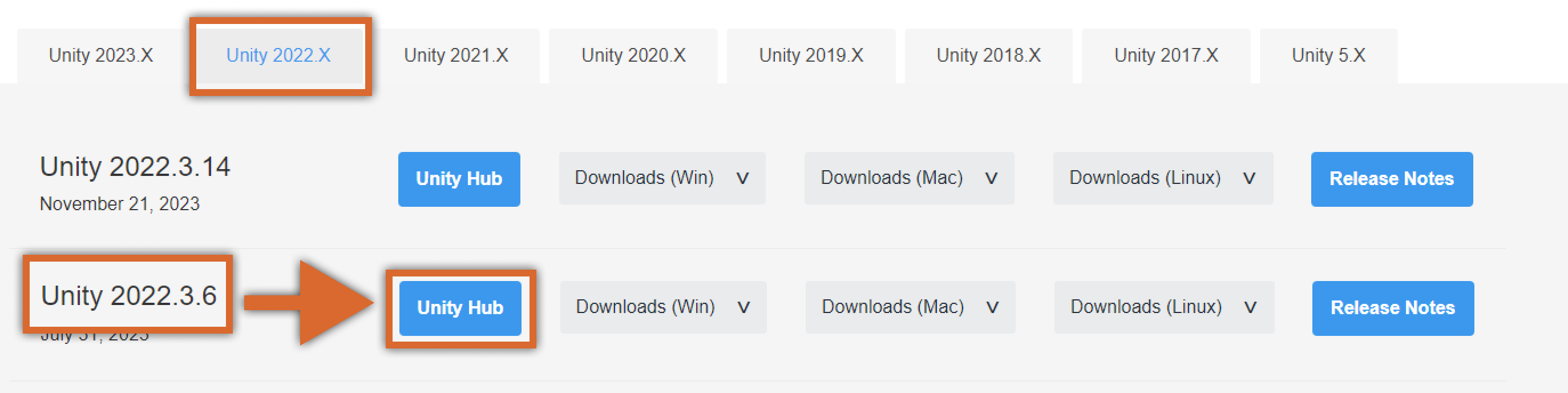 在 Unity Archive 中选择正确的版本进行安装