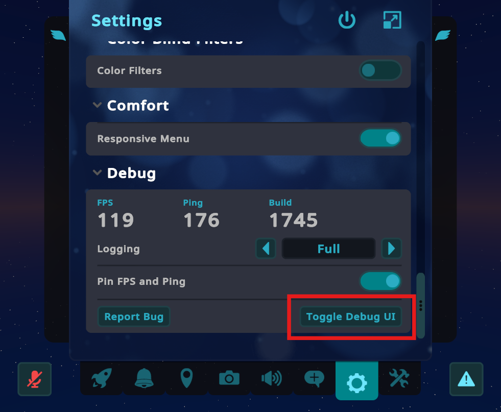 快速菜单设置页面上的"Toggle Debug UI"按钮。